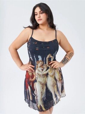 Fashion Nova Navy Renaissance Print Slip Dress with Red Accents